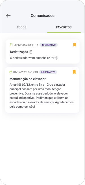 Seção do aplicativo Libera Aí onde é possível visualizar comunicados marcados como favorito.